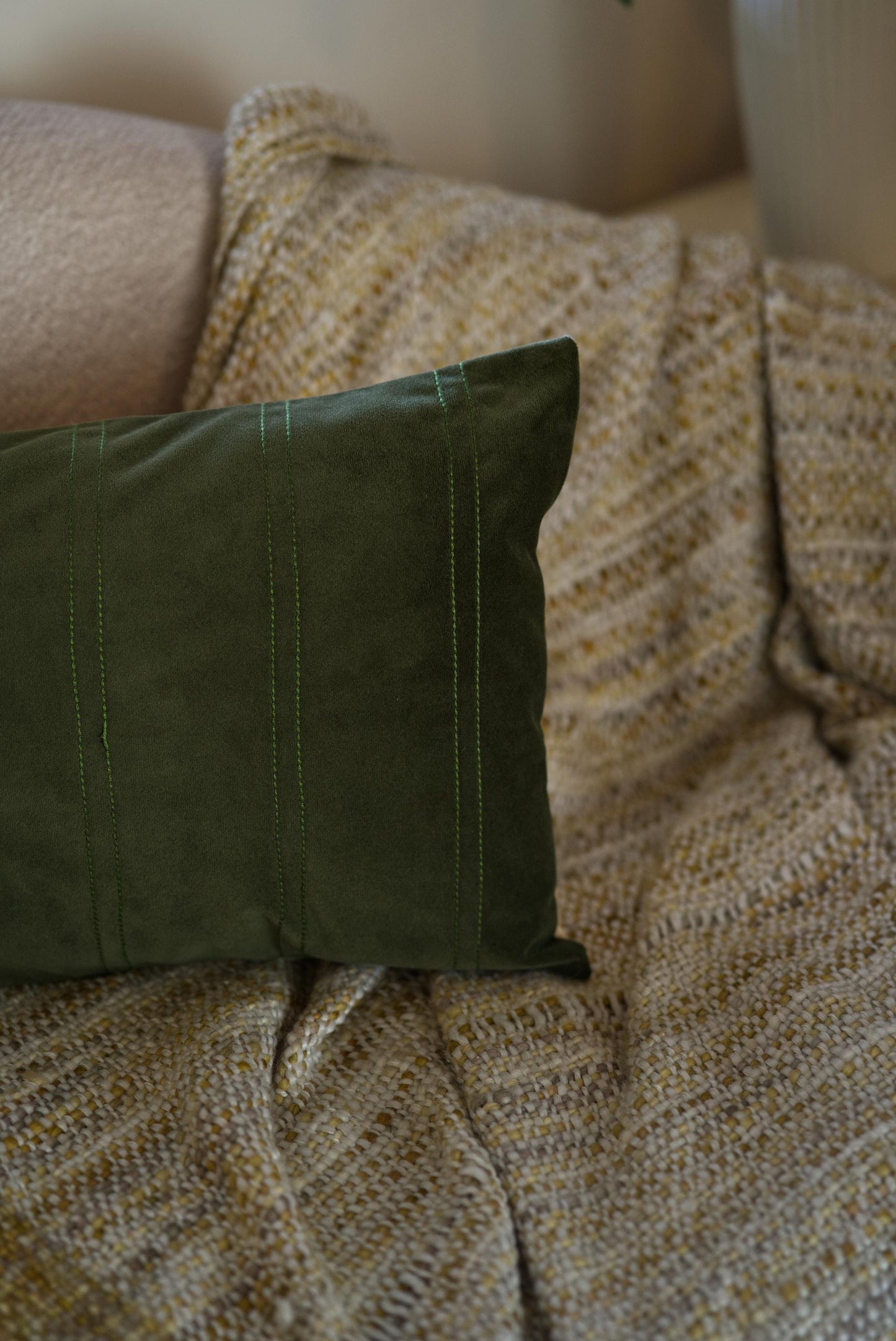 Green velvet lumbar cushion