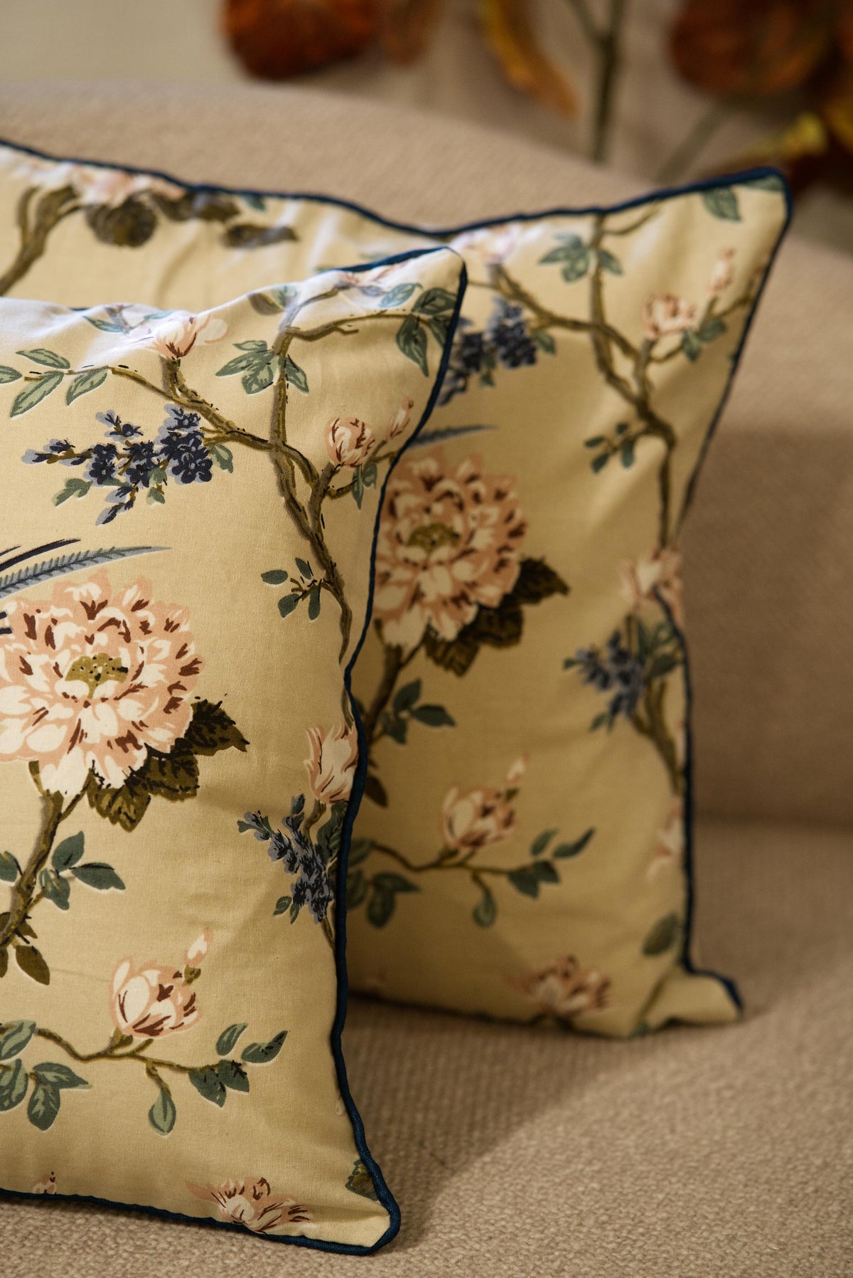 The Beige Blue bird - Cotton Cushion cover