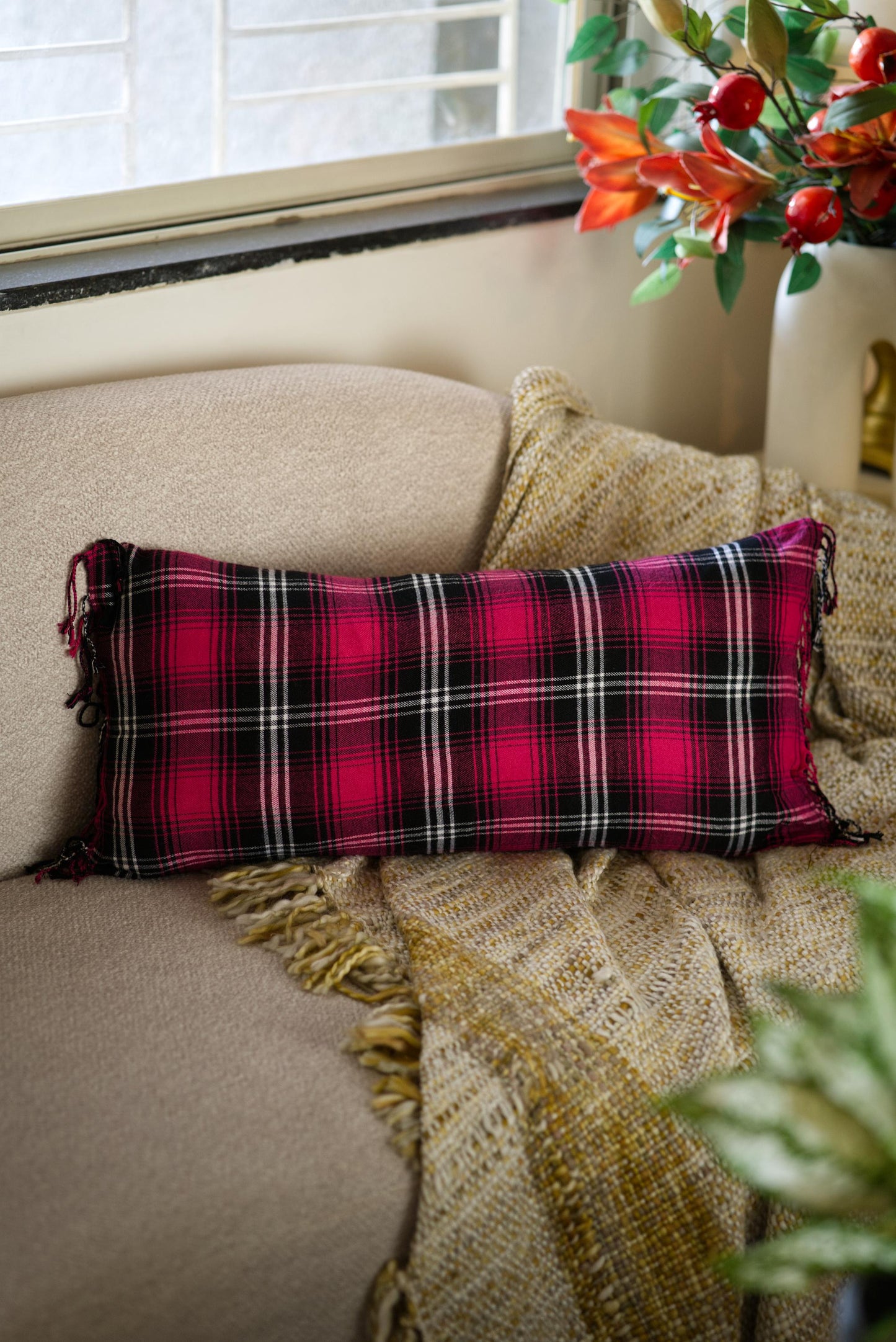 The Hot pink plaid cushion