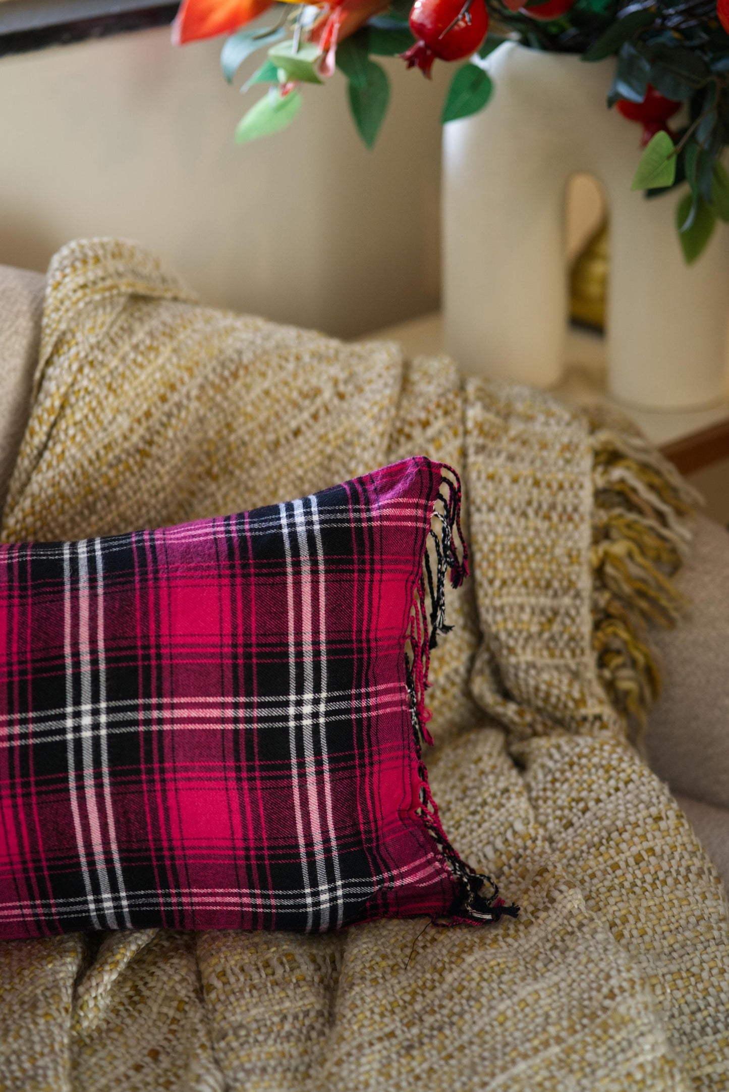 The Hot pink plaid cushion
